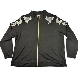Chicos Zenergy Black Embroidered Floral Rose Zip Up Sweater Womens Size XL